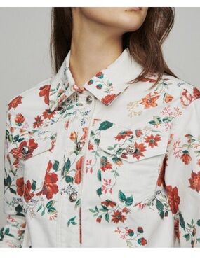 New - Maje • White Viflor Floral Rose Print Gold Button Denim Jean Jacket